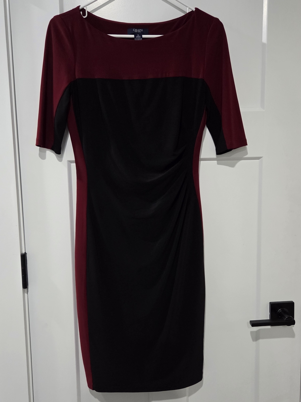 Chaps Black and Burgundy Boatneck Colorblock Midi Dress 3/4 Sleeve Small - Picture 3 of 10